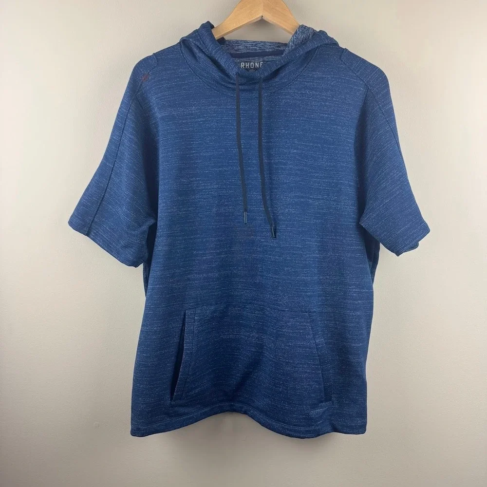 Rhone Mens Short‎ Sleeve Hoodie Blue Space Dye Knit Pullover Pocket Size Large